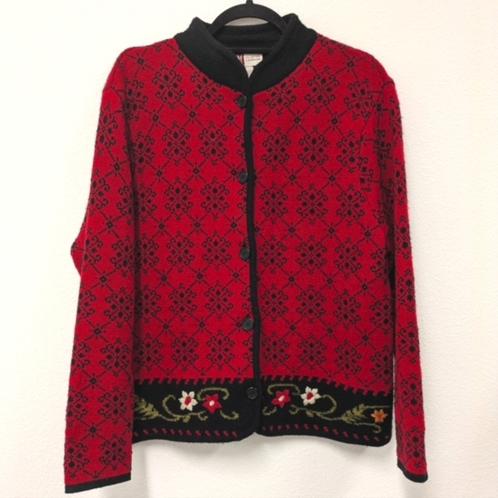 Y2K JM Collection Red & Black Knit Floral Sweater Cardigan sz L Holiday - Picture 10 of 10
